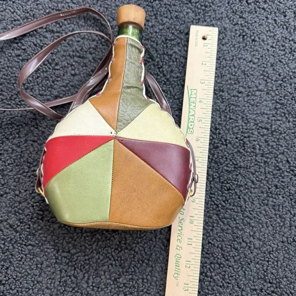 Vintage Patch Leather Wrapped Glass Bota Canteen Bottle 11” Wood Cork